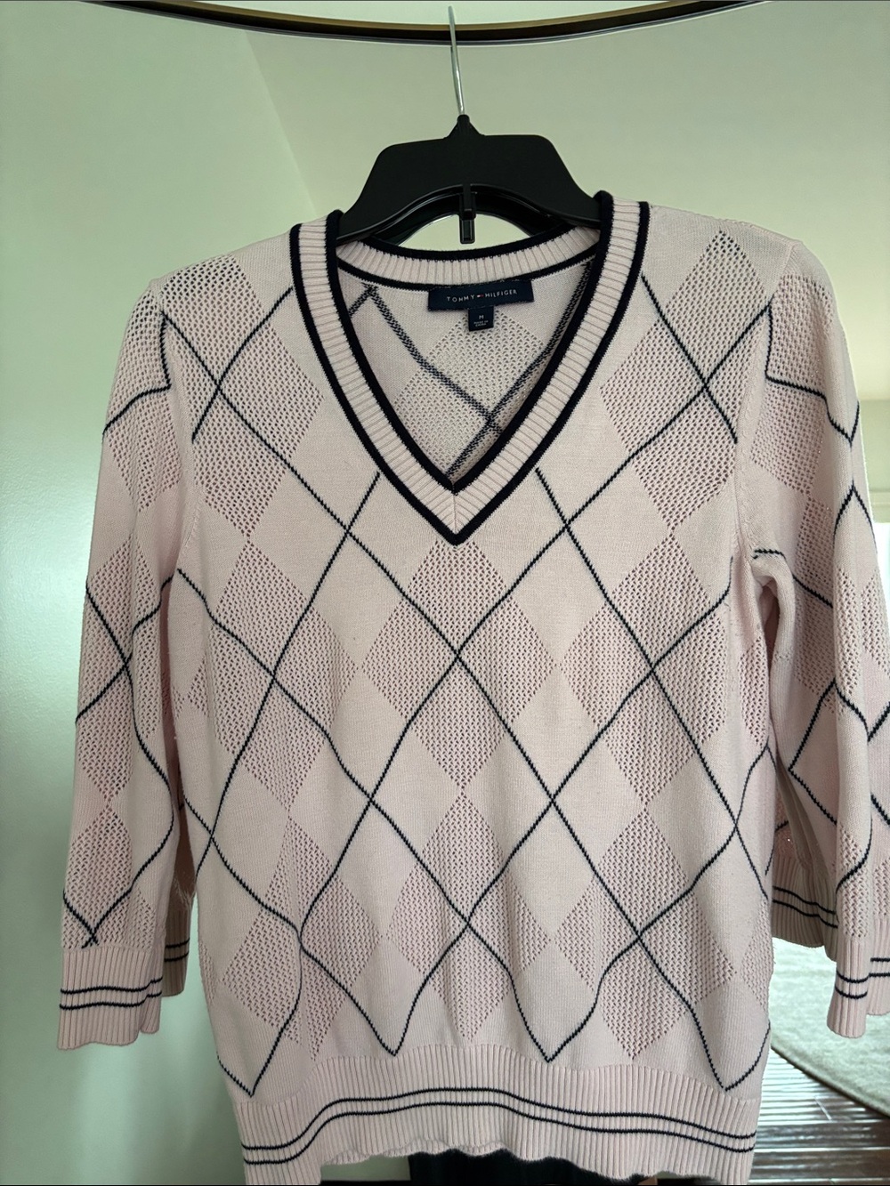 Tommy Hilfiger Pale Pink Argyle V-Neck Sweater with Navy Trim